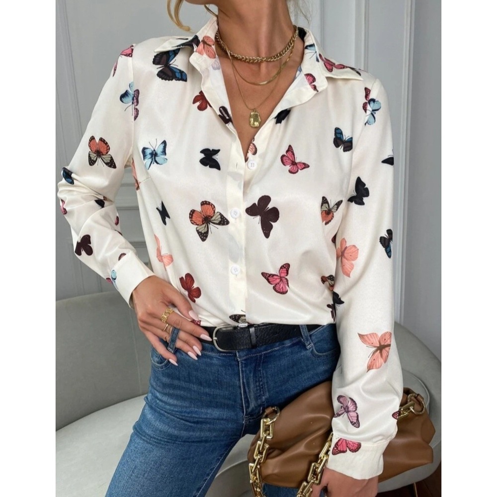 Como Blu Women's Butterfly Button Down White Shirt Long Sleeve 3XL Y2K 90s Fairy